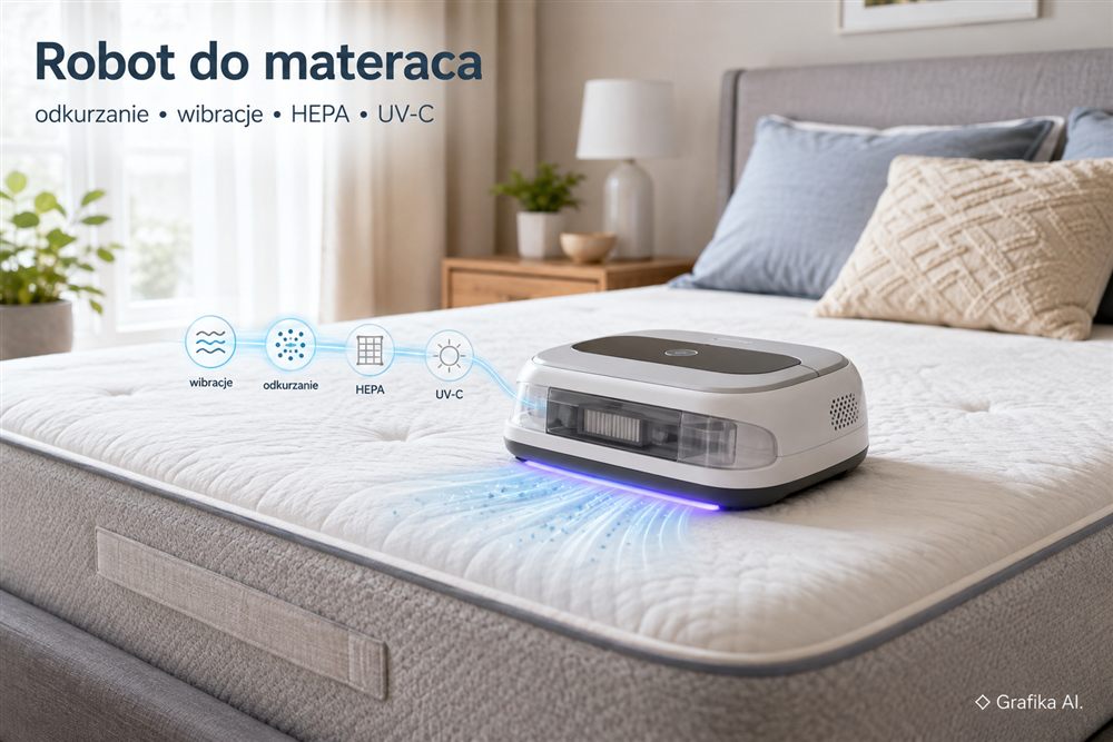 Robot do odkurzania materaca na łóżku – grafika AI