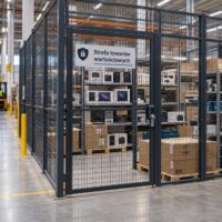 Wydzielona siatkowym wygrodzeniem strefa wartościowych towarów w magazynie